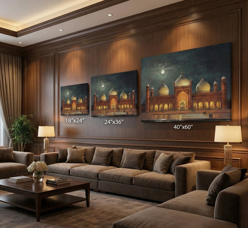 Badshahi Mosque Lahore Canvas Wall Art – Moonlit Mughal Architecture with Golden Domes