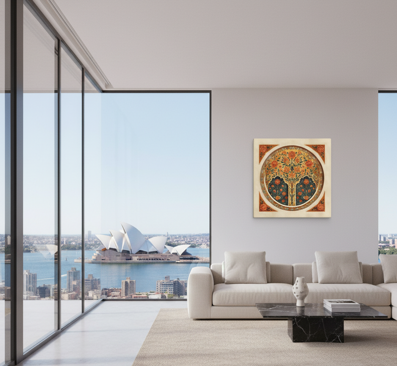 Golden Blossom Arch — Mughal Floral Harmony Canvas