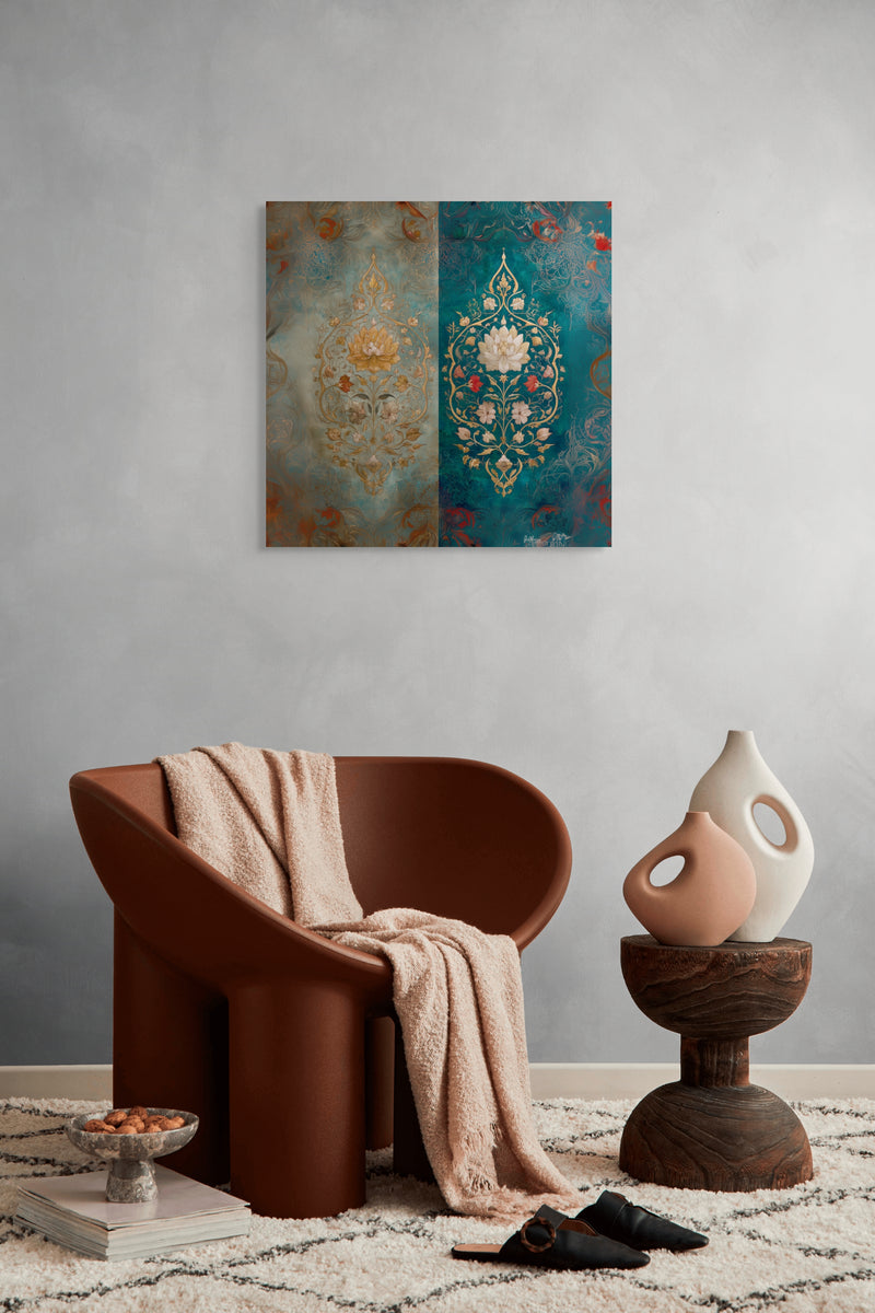 Lotus of Two Realms – Mughal Floral Harmony Canvas Art