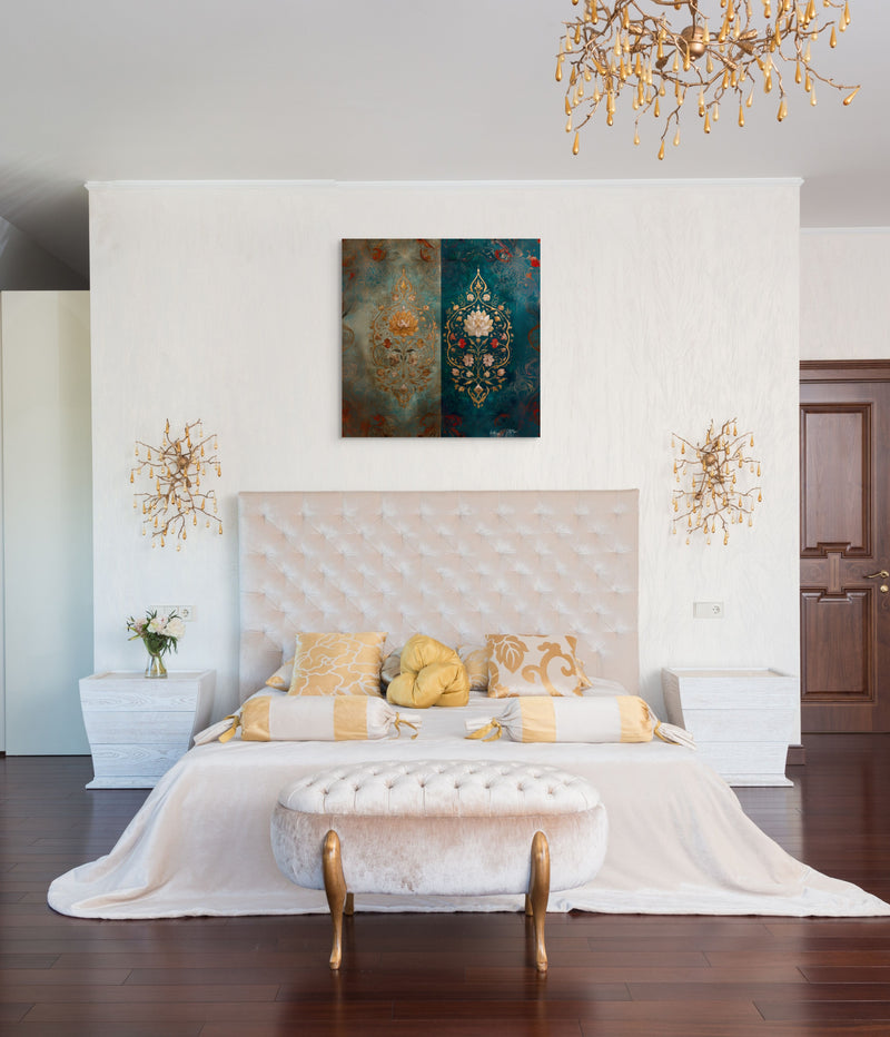 Lotus of Two Realms – Mughal Floral Harmony Canvas Art