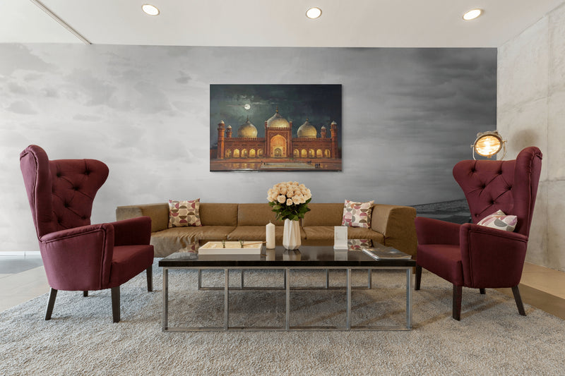 Badshahi Mosque Lahore Canvas Wall Art – Moonlit Mughal Architecture with Golden Domes