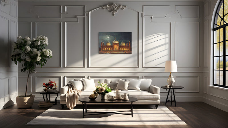 Badshahi Mosque Lahore Canvas Wall Art – Moonlit Mughal Architecture with Golden Domes