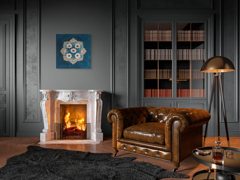 Blue Garden Reverie – Mughal Floral Medallion Canvas Art with Ivory Blossoms & Gold Detailing