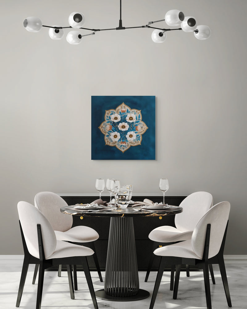 Blue Garden Reverie – Mughal Floral Medallion Canvas Art with Ivory Blossoms & Gold Detailing