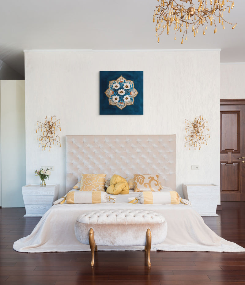 Blue Garden Reverie – Mughal Floral Medallion Canvas Art with Ivory Blossoms & Gold Detailing