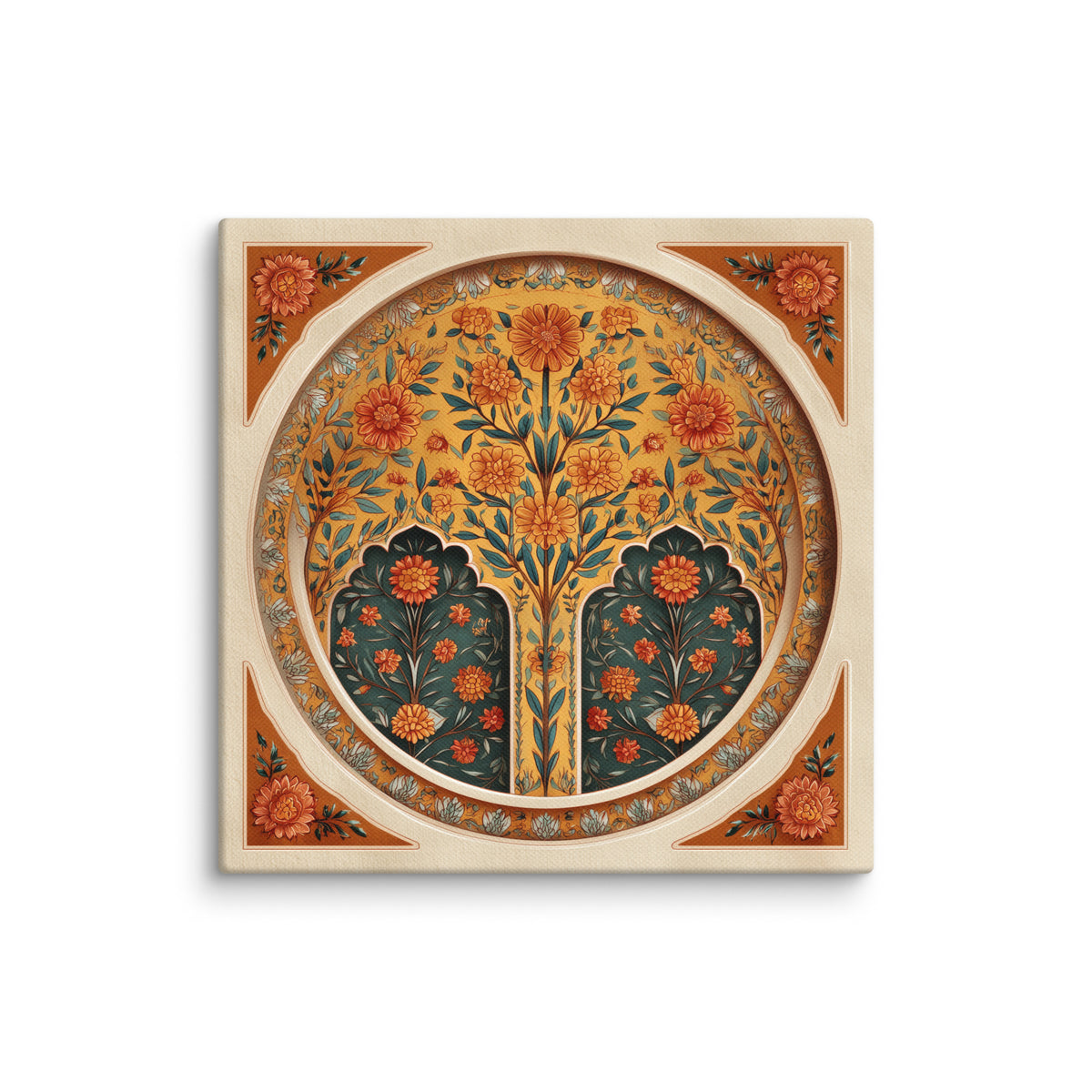 Golden Blossom Arch — Mughal Floral Harmony Canvas