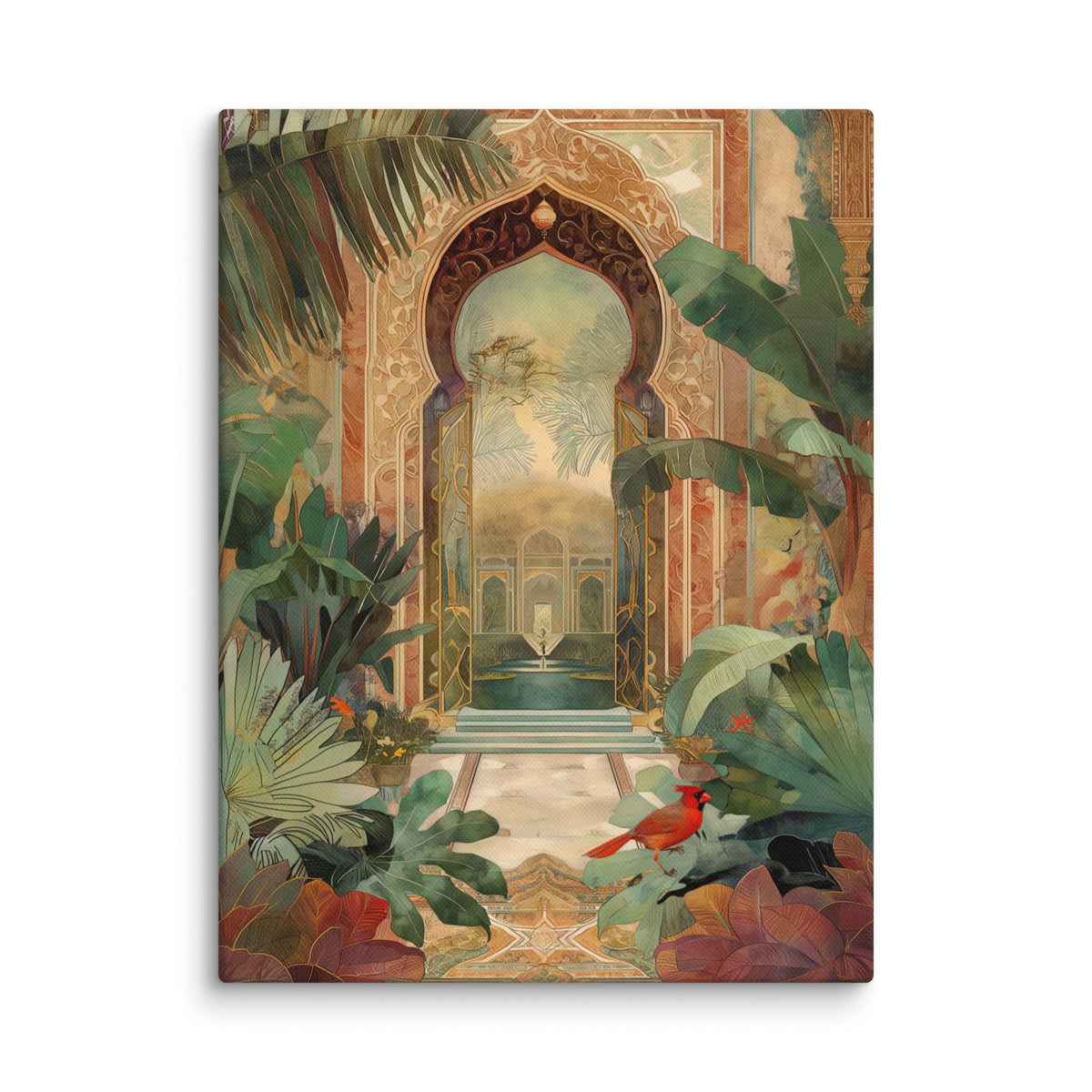 Secret Mughal Garden – Emerald & Cardinal Canvas