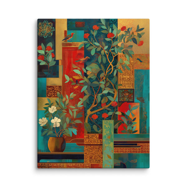 Crimson Garden in Gold" – Mughal-Inspired Modern Wall Art