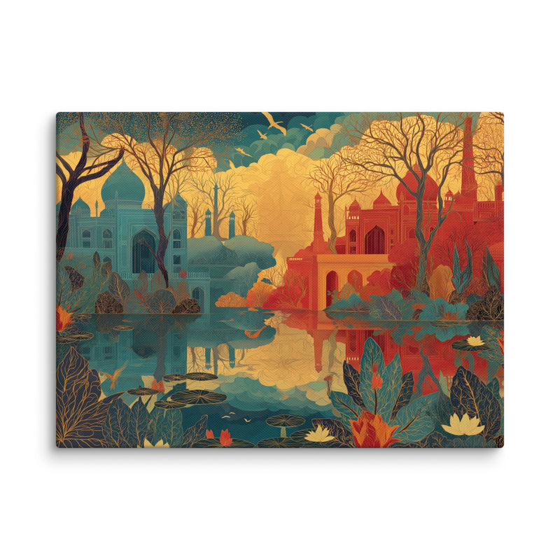Mirrored Empires – Teal & Crimson Mughal Landscape