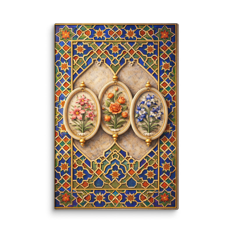 Mughal Floral Cartouche Wall Art – Shah Jahan Inspired Geometric Panel Canvas in Blue, Gold & Jewel Tones