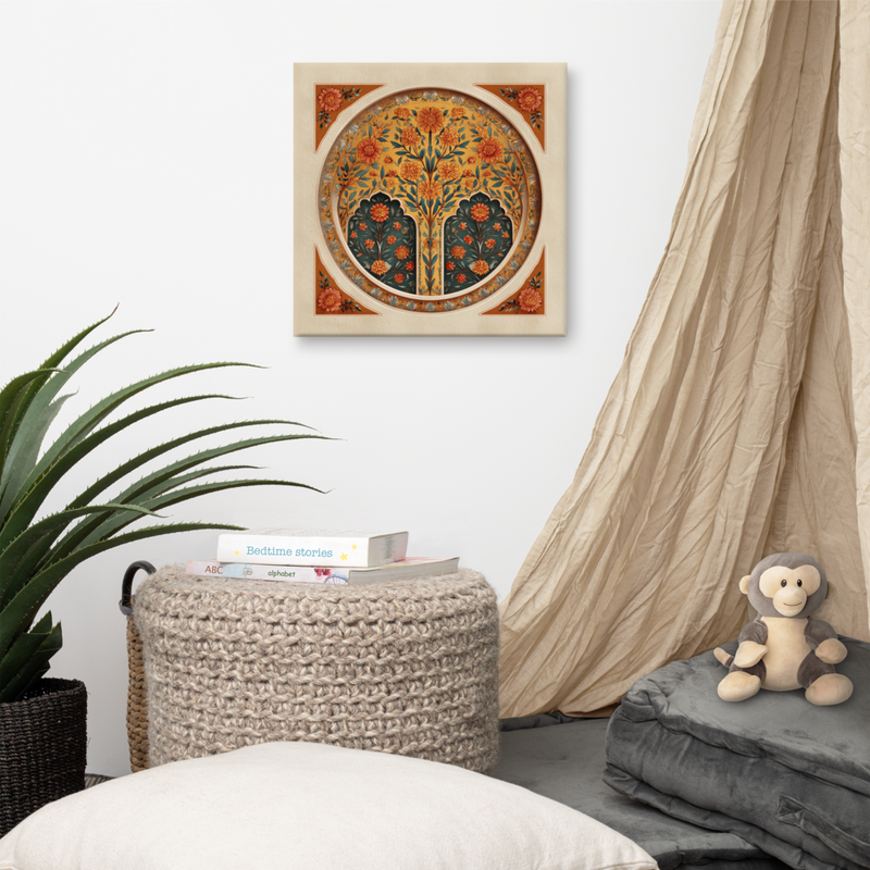 Golden Blossom Arch — Mughal Floral Harmony Canvas