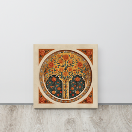 Golden Blossom Arch — Mughal Floral Harmony Canvas