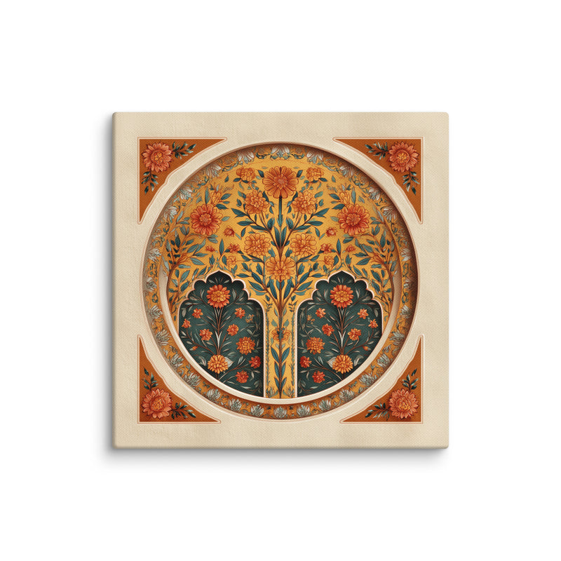 Golden Blossom Arch — Mughal Floral Harmony Canvas