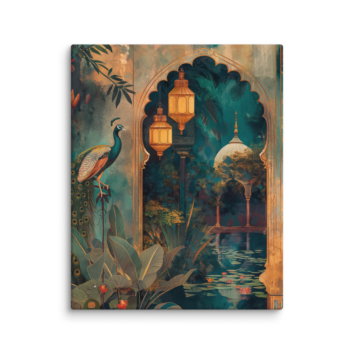 Mughal Courtyard Elegance with Peacock and Lanterns