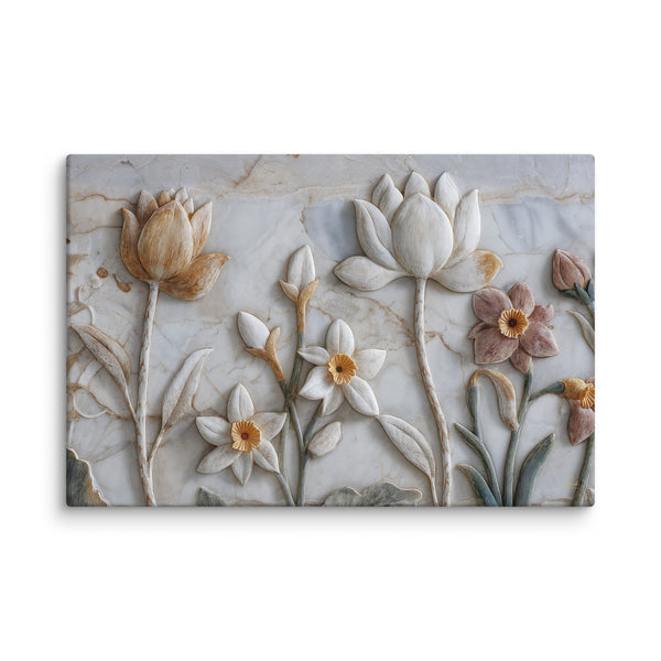 Ivory Lotus & Daffodil Relief Art – Sculptural Floral Wall Canvas