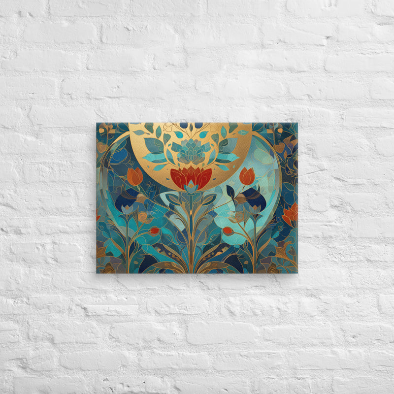 Gilded Lotus Eclipse – Teal & Gold Floral Canvas