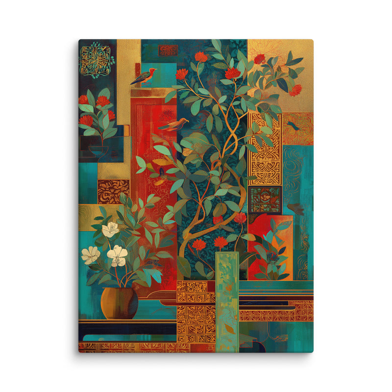 Crimson Garden in Gold" – Mughal-Inspired Modern Wall Art