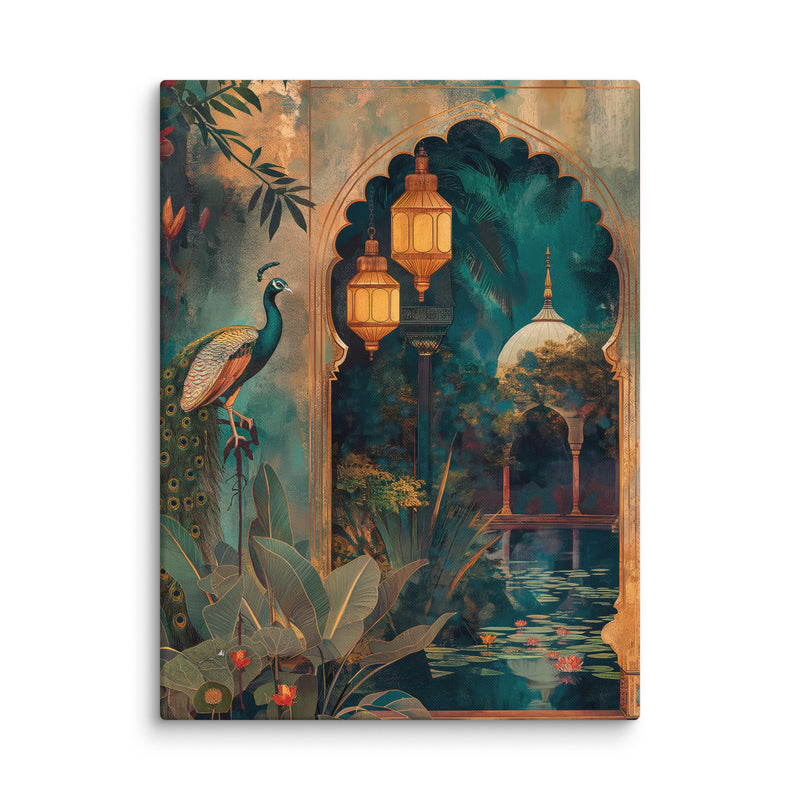 Mughal Courtyard Elegance with Peacock and Lanterns