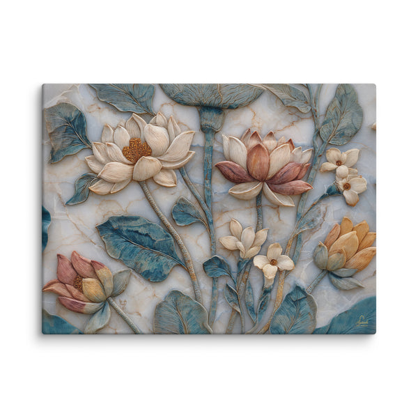 Mughal Lotus Garden — Naturalistic Marble Floral Bas-Relief Canvas