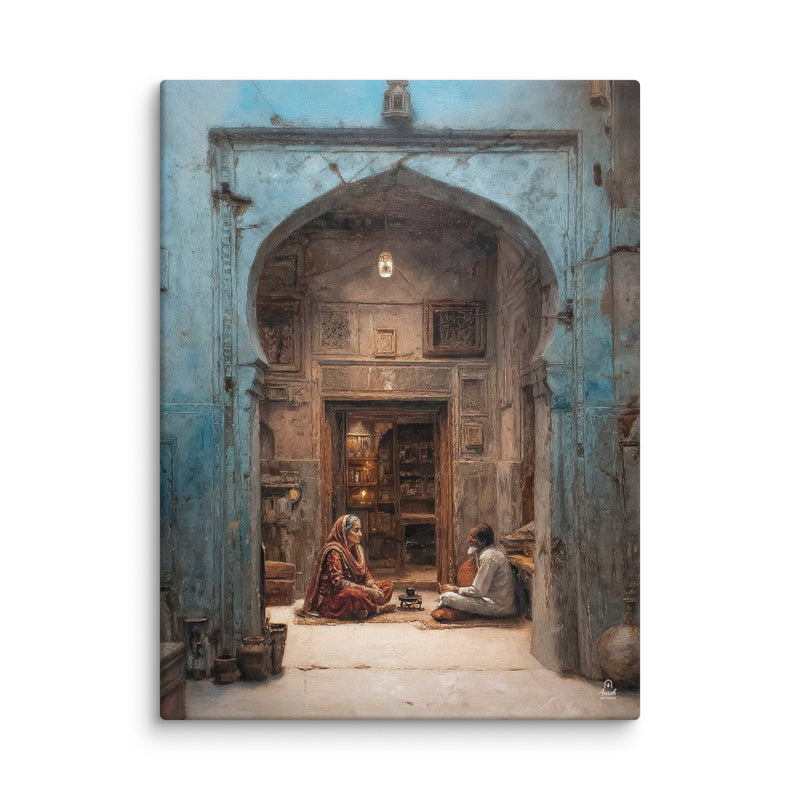 Whispers of the Blue Haveli – Mughal Courtyard Canvas Art
