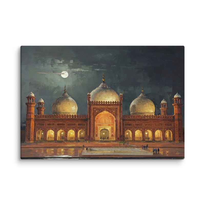 Badshahi Mosque Lahore Canvas Wall Art – Moonlit Mughal Architecture with Golden Domes