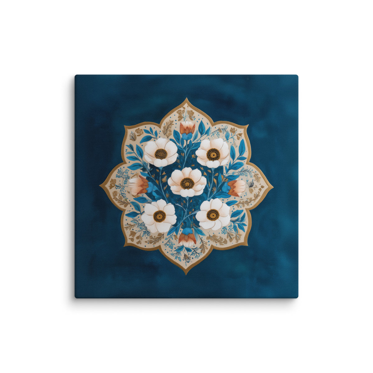 Blue Garden Reverie – Mughal Floral Medallion Canvas Art with Ivory Blossoms & Gold Detailing