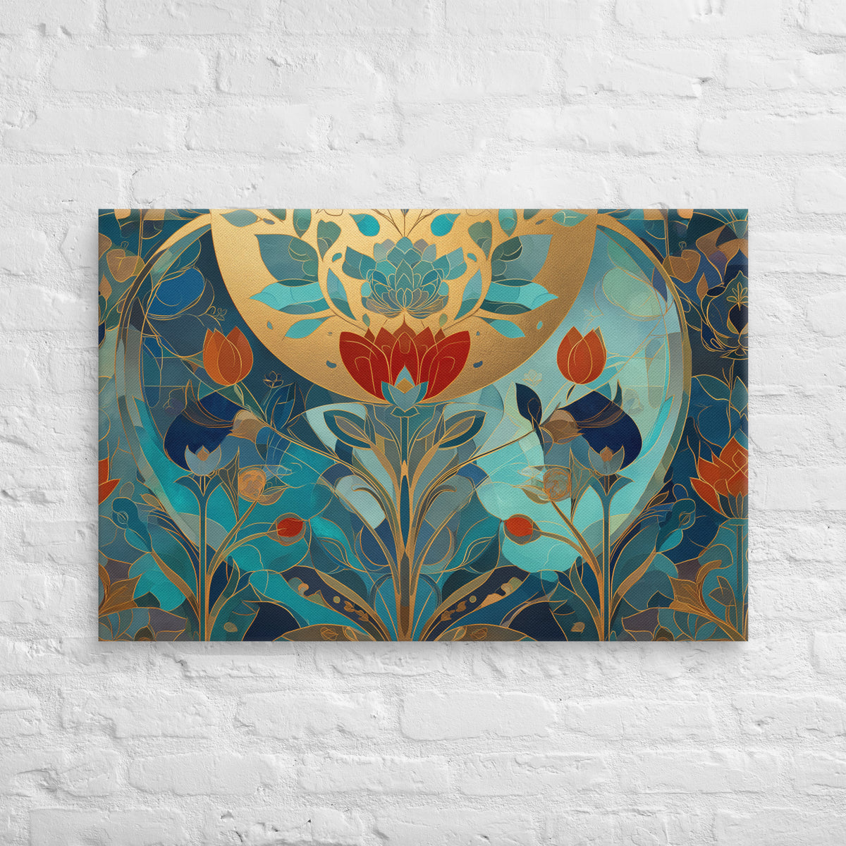 Gilded Lotus Eclipse – Teal & Gold Floral Canvas