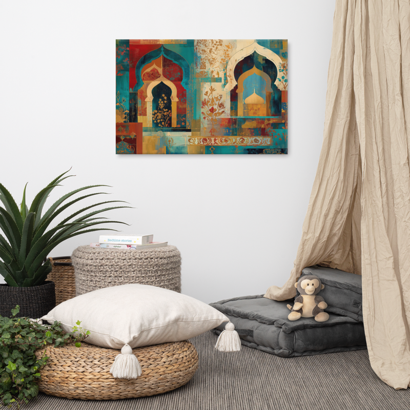 Turquoise Arches of the Mughal Court – Abstract Mughal Architecture Canvas Wall Art