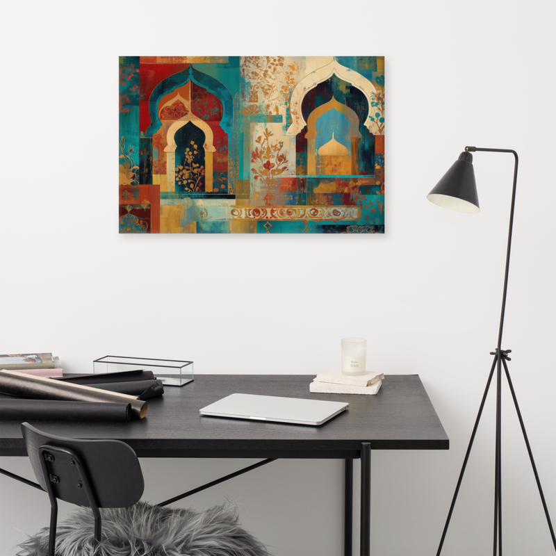 Turquoise Arches of the Mughal Court – Abstract Mughal Architecture Canvas Wall Art