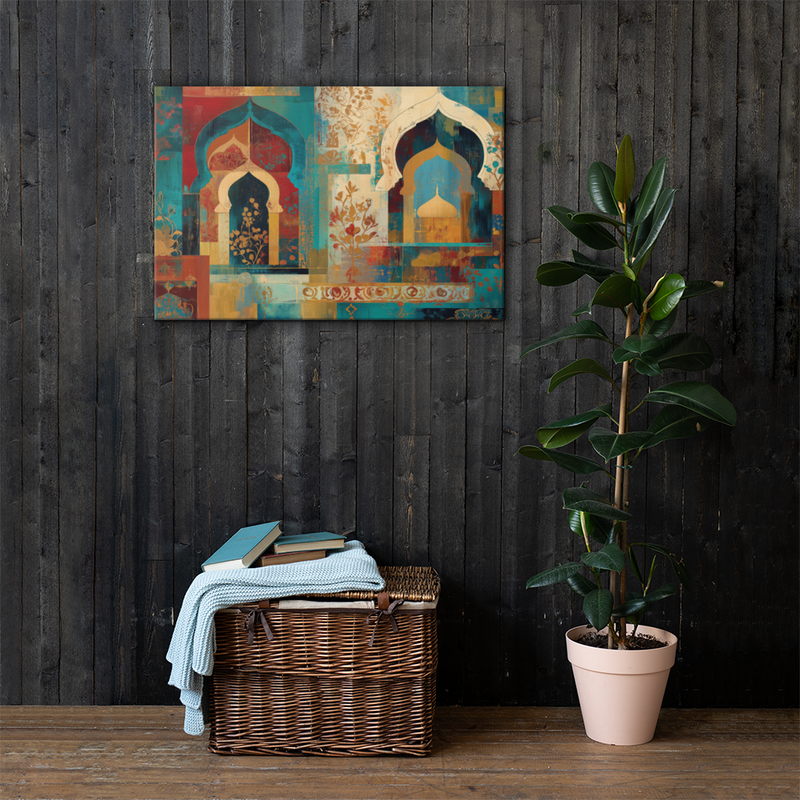 Turquoise Arches of the Mughal Court – Abstract Mughal Architecture Canvas Wall Art