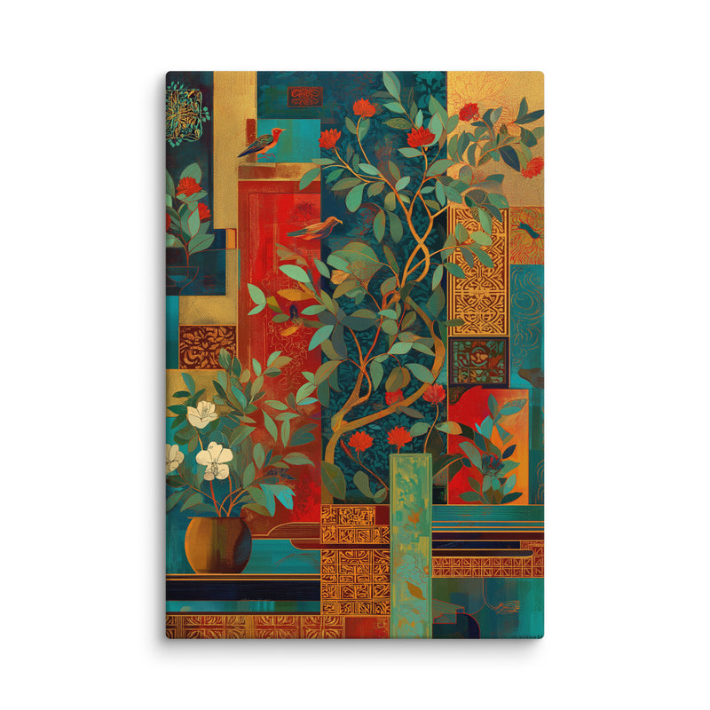 Crimson Garden in Gold" – Mughal-Inspired Modern Wall Art