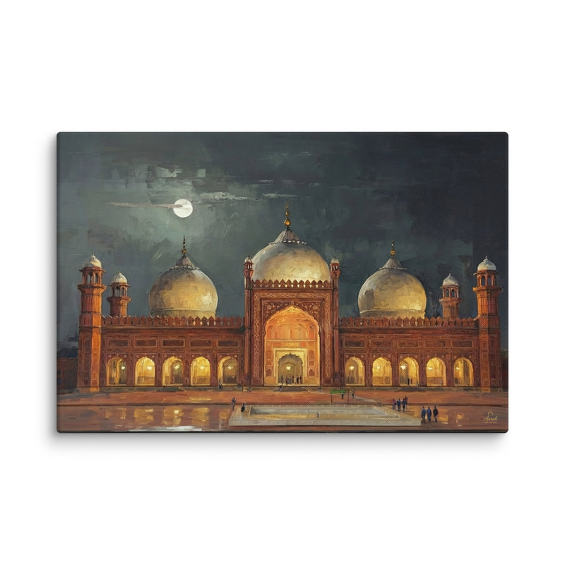 Badshahi Mosque Lahore Canvas Wall Art – Moonlit Mughal Architecture with Golden Domes