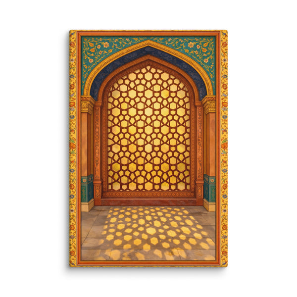 Golden Mughal Arch Canvas Wall Art – Indian Architectural Jali Window, Blue & Gold Palace Inspired Cultural Decor
