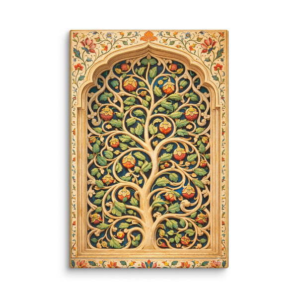 Mughal Tree of Life Wall Art, Curvilinear Vine Canvas, Indian Botanical Decor, Blue Gold Floral Artwork, Sidi Sayyid Inspired Art