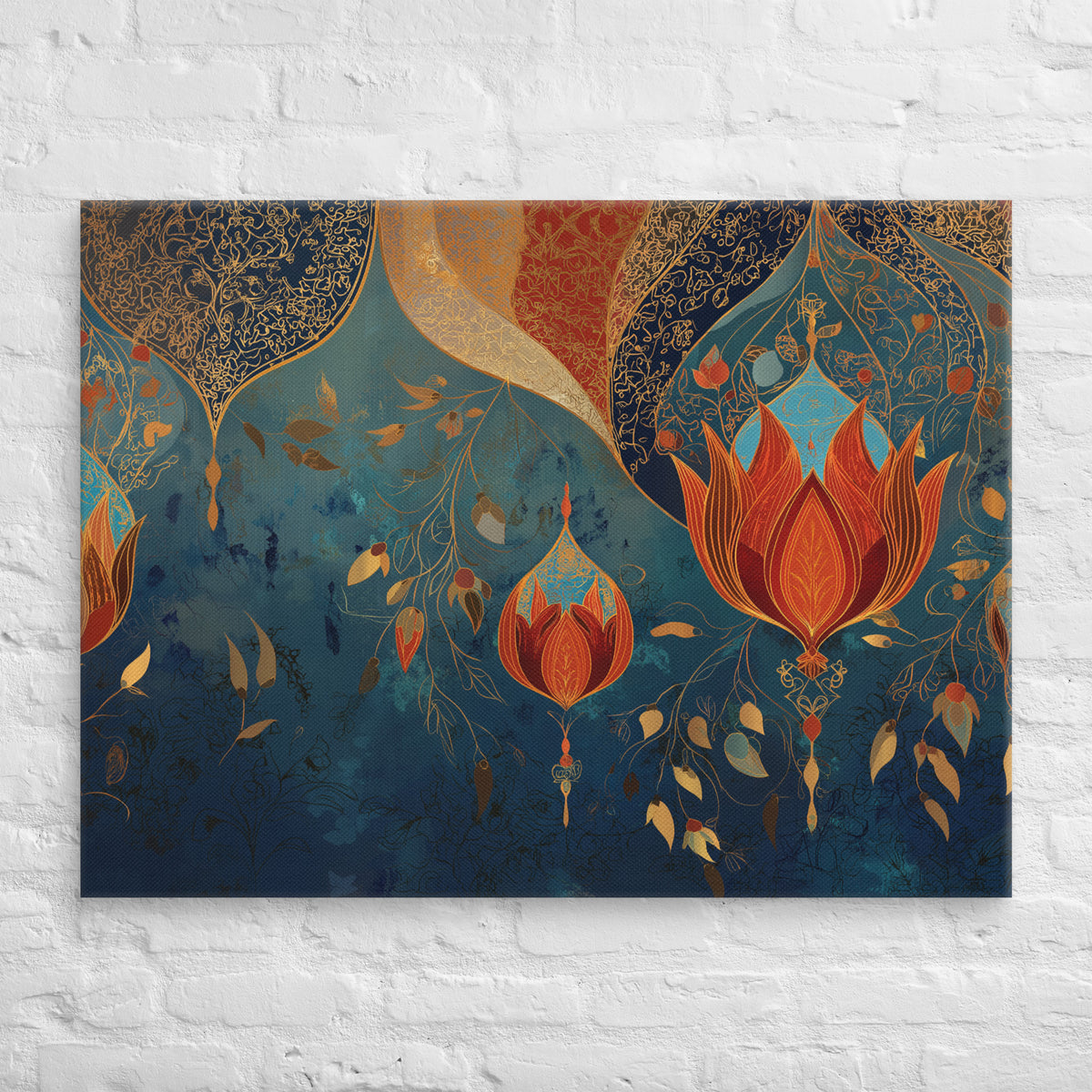 Lotus Lanterns over Sapphire Night – Mughal Abstract Canvas