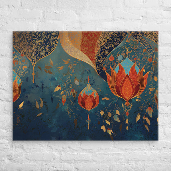 Lotus Lanterns over Sapphire Night – Mughal Abstract Canvas