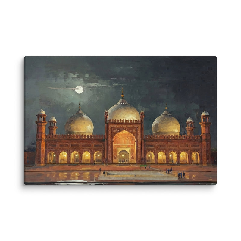 Badshahi Mosque Lahore Canvas Wall Art – Moonlit Mughal Architecture with Golden Domes