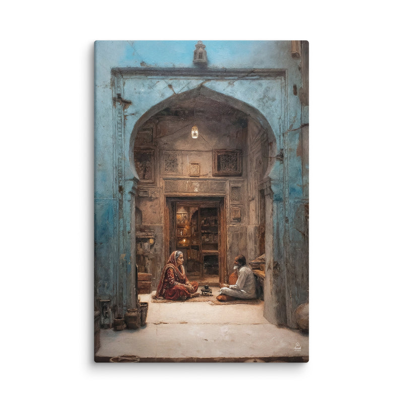 Whispers of the Blue Haveli – Mughal Courtyard Canvas Art