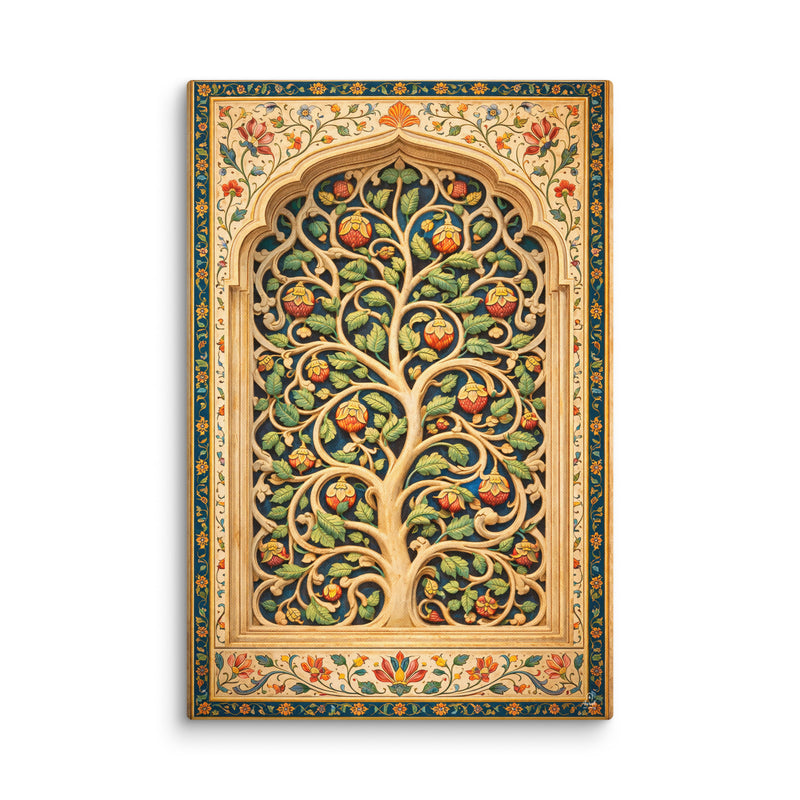 Mughal Tree of Life Wall Art, Curvilinear Vine Canvas, Indian Botanical Decor, Blue Gold Floral Artwork, Sidi Sayyid Inspired Art