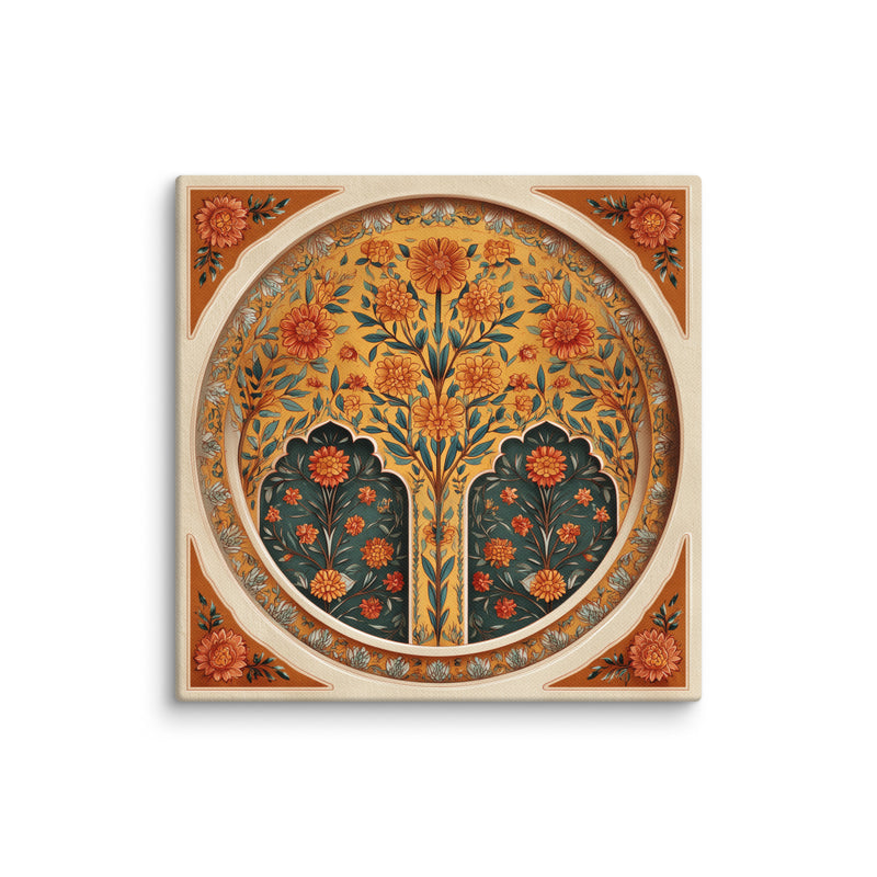 Golden Blossom Arch — Mughal Floral Harmony Canvas