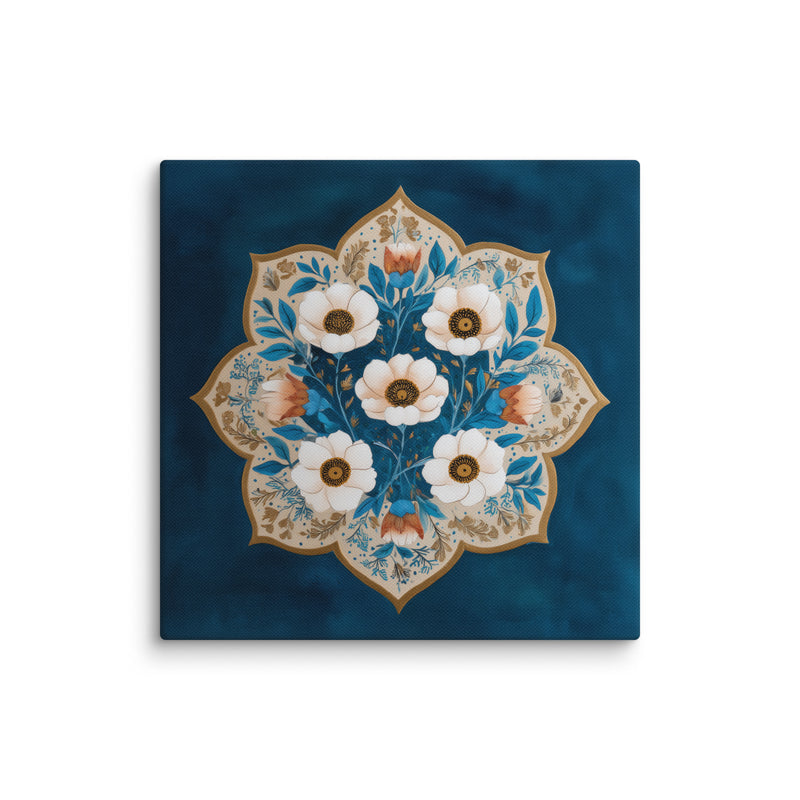 Blue Garden Reverie – Mughal Floral Medallion Canvas Art with Ivory Blossoms & Gold Detailing