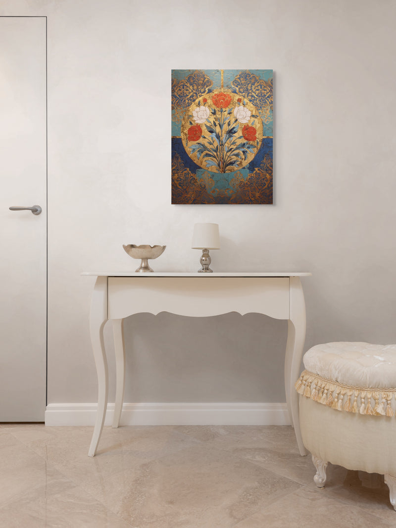Golden Garden of the Mughals – Floral Medallion Mughal Canvas Art