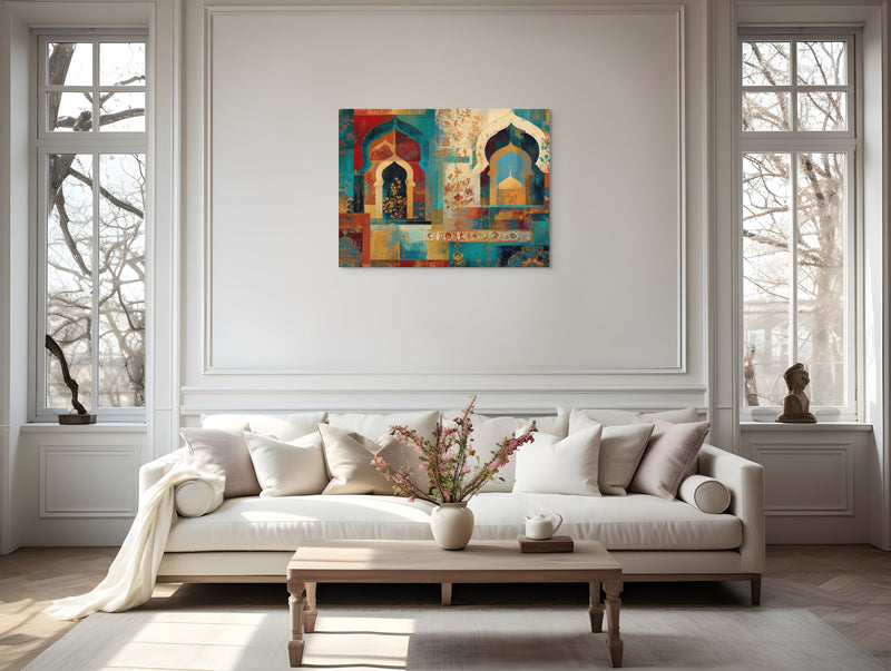 Turquoise Arches of the Mughal Court – Abstract Mughal Architecture Canvas Wall Art