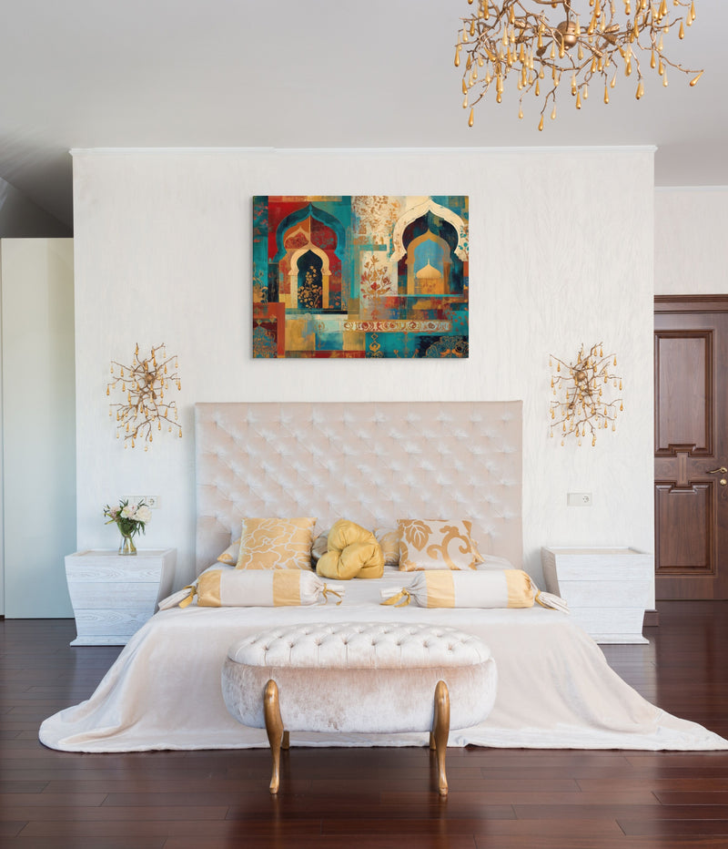Turquoise Arches of the Mughal Court – Abstract Mughal Architecture Canvas Wall Art