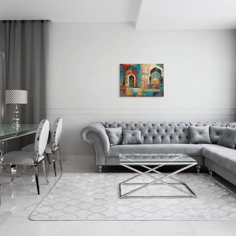 Turquoise Arches of the Mughal Court – Abstract Mughal Architecture Canvas Wall Art