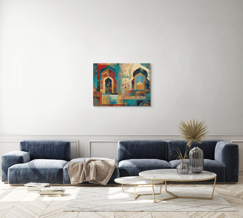 Turquoise Arches of the Mughal Court – Abstract Mughal Architecture Canvas Wall Art