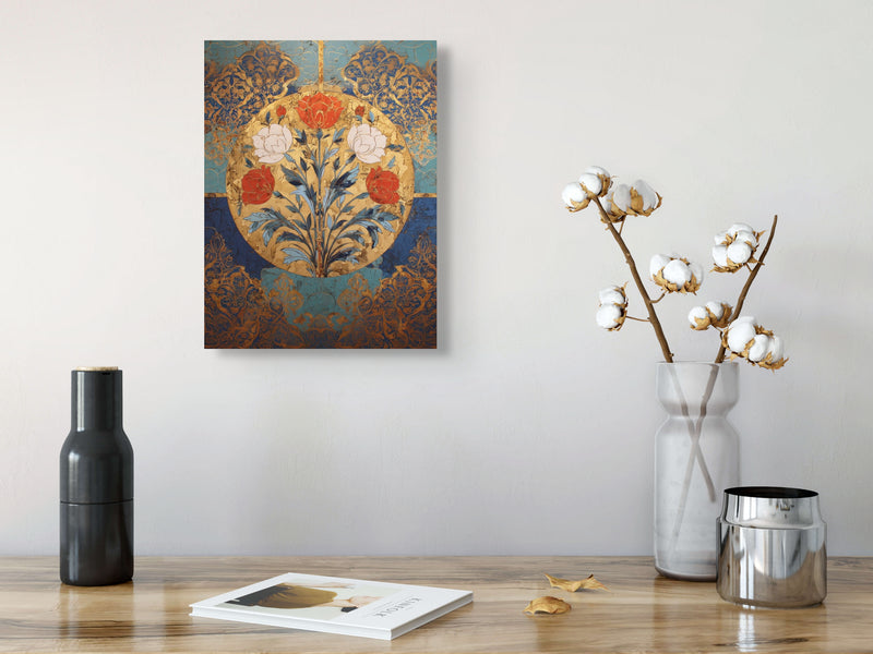 Golden Garden of the Mughals – Floral Medallion Mughal Canvas Art