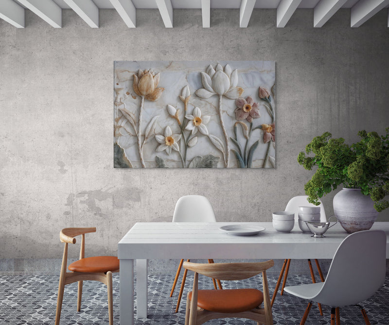 Ivory Lotus & Daffodil Relief Art – Sculptural Floral Wall Canvas
