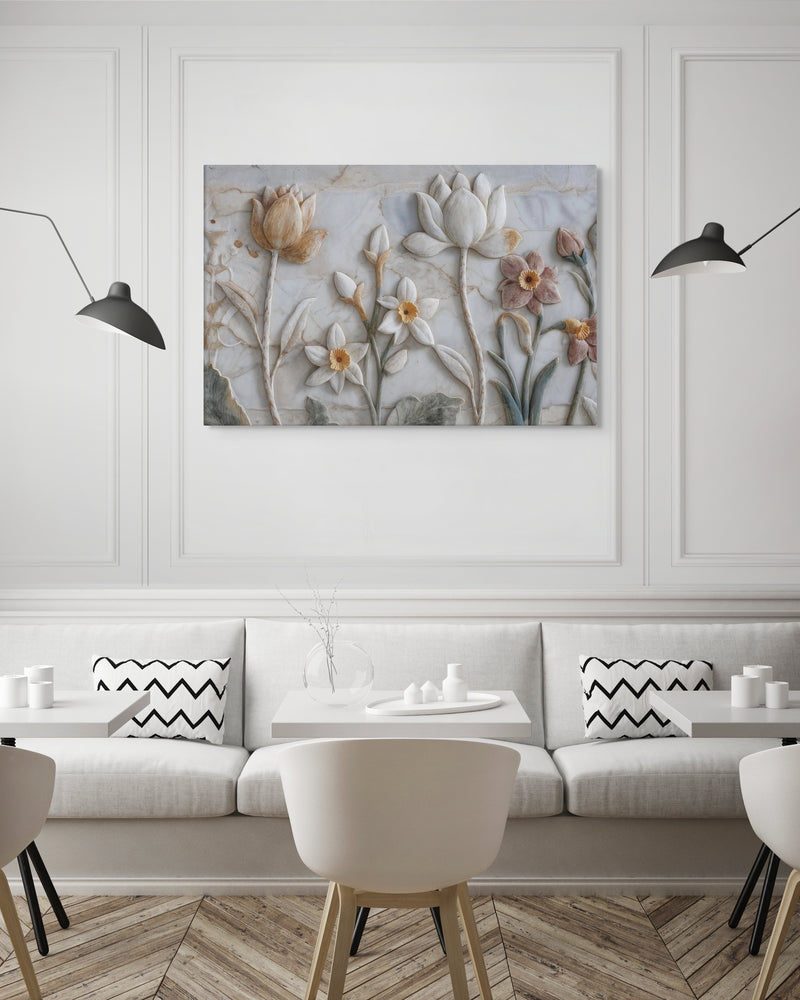 Ivory Lotus & Daffodil Relief Art – Sculptural Floral Wall Canvas