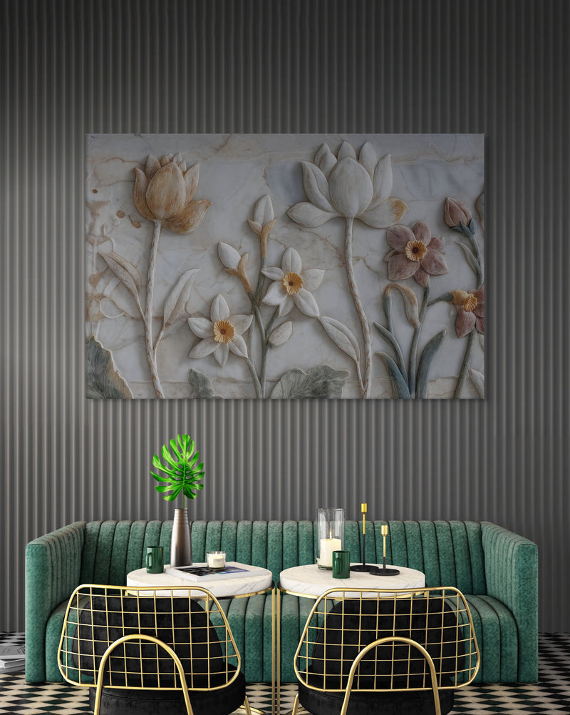 Ivory Lotus & Daffodil Relief Art – Sculptural Floral Wall Canvas